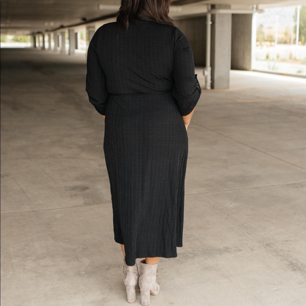 Black Ribbed Knit Midi Wrap Dress - Picture 14 of 16